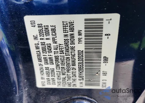 2003 Honda Element Ex z USA, uszkodzony, nr VIN 5J6YH28553L020202